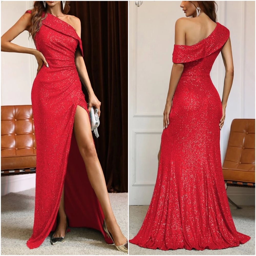 Luxe Sequin Split Thigh One Shoulder Party Wedding Formal Dress - Picture 9 of 10